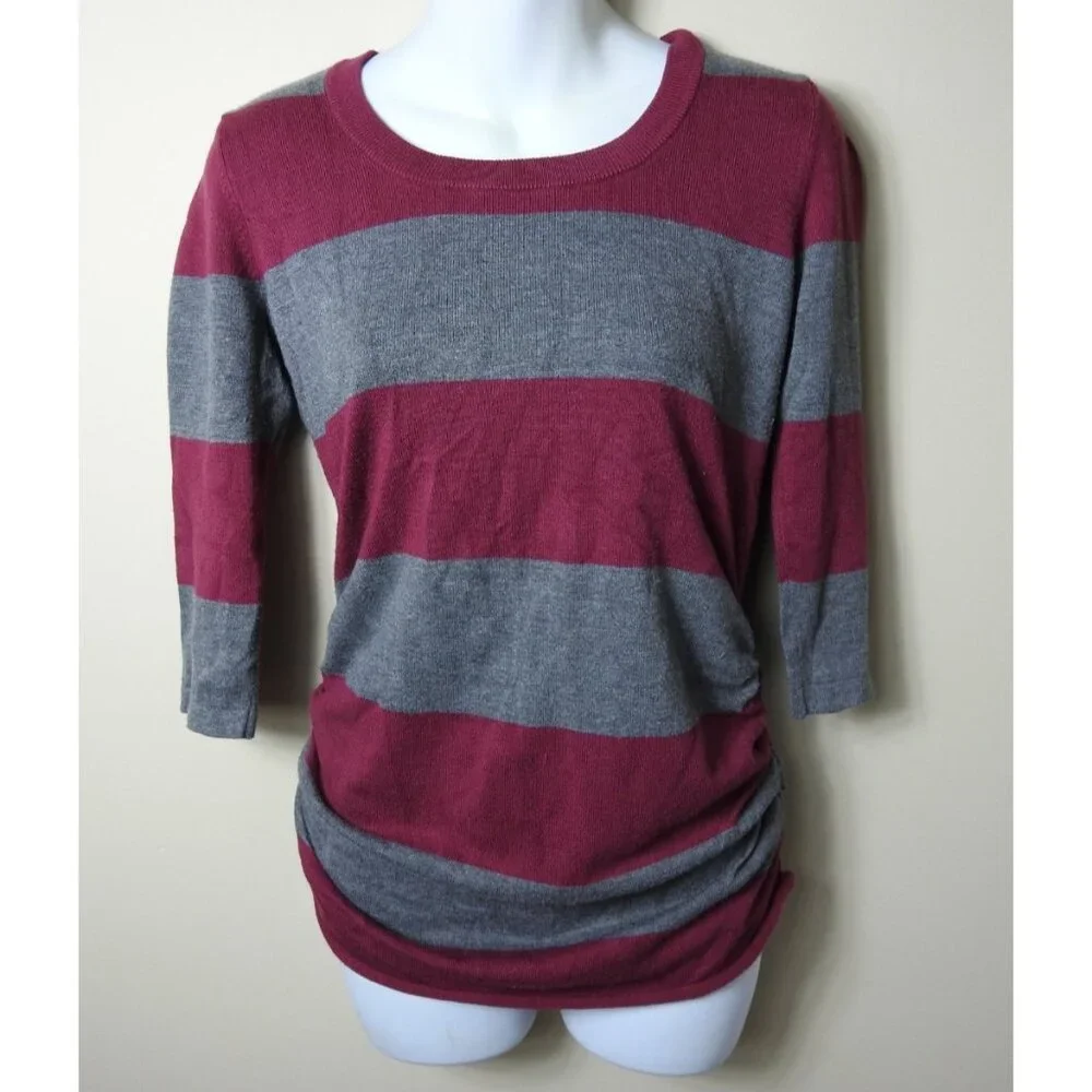 Pink Rose Burgundy Gray Striped Ruched Side Sweater Top Women's Small 3/4 Sleeve